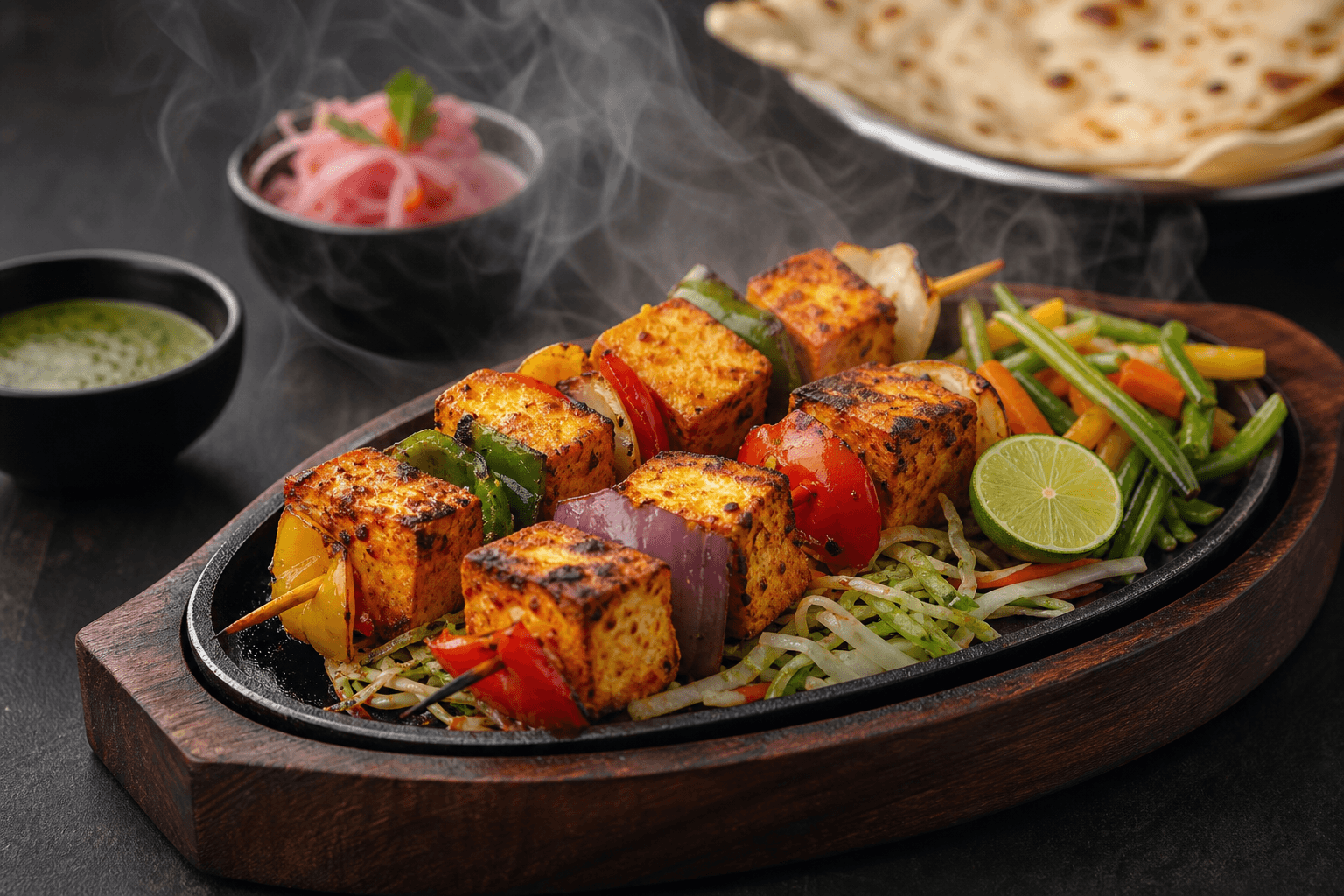 Paneer shashlik sizzler profile at La Tikka: portions, pairings